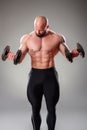 Sexy muscular bodybuider posing with weights on the gray background