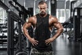 muscular man in gym, bodybuilder. Strong male torso, working out Royalty Free Stock Photo