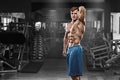 muscular man posing in gym, shaped abdominal. Strong male naked torso abs, working out