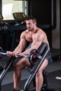 Sexy muscular man sitting on the bench and doind biceps exercise Royalty Free Stock Photo