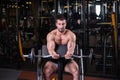 Sexy muscular man sitting on the bench and doind biceps exercise. Front view Royalty Free Stock Photo