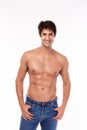 Sexy muscular man torso six packs. Portrait attractive young muscle man isolated on white background. Handsome muscle guy has Royalty Free Stock Photo