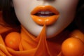 Sexy Orange Lips with face, Makeup Detail. Close up. Sensual Open Mouth. Lipstick or Lipgloss