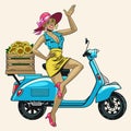 Sexy Pin Up girl pose on the classic old scooter motorcycle Royalty Free Stock Photo