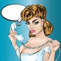Pin-up woman answers a phone call. Vector pop art comic retro style illustration