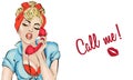 Pin-up woman answers the phone. Vector pop art comics retro style illustration