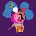 Sexy Pin-up woman sits on a gift box holds an inflatable heart and the moon. Vector in retro comic style isolated