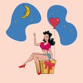 Sexy Pin-up woman sits on a gift box with holds an inflatable heart and points a finger to the moon. Vector in retro