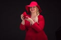 plus size woman in red hat with red lips. Royalty Free Stock Photo