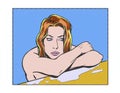 Comic book illustrated pop art poolside woman thinking