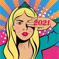 Sexy pop art woman with hand on face. Background in comic style retro pop art. Invitation to a party. Happy New Yea Royalty Free Stock Photo