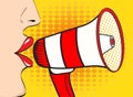 pop art woman mouth and megaphone speaking. Vector backgrou Royalty Free Stock Photo