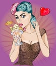 pop art woman portrait with ice cream and heart