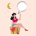 Sexy Pop art woman sits on a gift box with holds an inflatable heart and points a finger to the moon. Vector in retro