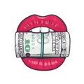 Sexy red lips biting a roll of money