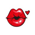 red lips in a kiss of love. And red heart, isolated on white. Vector illustration. Royalty Free Stock Photo