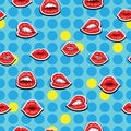 Sexy red lips with smile on blue background. Sensual female mouth with white toothed smile seamless pattern. Attractive