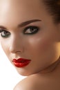 red lips, smoky make-up on fashion model face Royalty Free Stock Photo