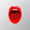 red lips on transparent background. Open mouth with white teeth and tongue. Female beautiful lips with red lipstick