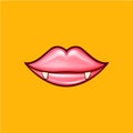 Sexy red vampire woman lips with fangs isolated on orange background. Vector cartoon girl vampire mouth with vampires