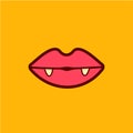 Sexy red vampire woman lips with fangs isolated on orange background. Vector cartoon girl vampire mouth with vampires Royalty Free Stock Photo