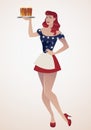 redhead pinup girl carrying a tray with beer glasses wearing symbolic clothing of the American flag Royalty Free Stock Photo