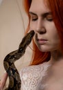 Sexy redhead woman holding snake. close-up photo girl with pygmy python on a white background Royalty Free Stock Photo