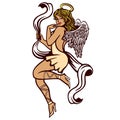 retro pin-up innocent woman in sensual angel costume with halo vector illustration