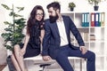 Sexy secretary and manager. Office job affair. Seductive colleague. Flirting with boss. Man and woman business Royalty Free Stock Photo