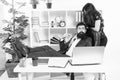 Sexy secretary personal assistant. Typical office life. Man bearded hipster boss sit in leather armchair office interior Royalty Free Stock Photo