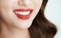 Sexy sensual red lips with mouth open. Beautiful lips Makeup. Close up red lips of asian girl Royalty Free Stock Photo