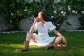 Sexy sensual seductive young woman with tasty apple. Sensual woman eating apple, outdoor portrait. Sexy girl holding Royalty Free Stock Photo