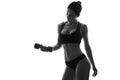 Sexy slim fit woman body with dumbbells. Muscled abdomen. Sportswear. Isolated on white. Black and white image Royalty Free Stock Photo