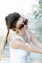 slim lady wear tight short white dress and sunglasses Royalty Free Stock Photo