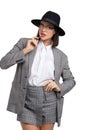 Sexy smart detective woman with pencil isolated