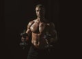 Sexy sporty torso, man with dumbbells. Muscular and strong guy exercising. Sportsman doing exercises with weights Royalty Free Stock Photo