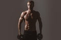 Sexy sporty torso, man with dumbbells. Portrait of athletic man with dumbbells. Shirtless man man with muscles torso in