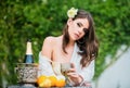 Sexy summer tropical fruit. Young beautiful model on vacation holiday outdoor. Summer mood. Dreaming italian or hispanic Royalty Free Stock Photo