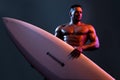 Sexy surfer with a surfboard. Portrait of handsome athlete with serf board. Male beach leisure, summer vacation.