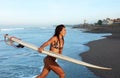 Sexy Surfer. Surfing Girl In Bikini With Surfboard Walking Out Of Ocean. Smiling Tanned Brunette Going On Beach. Water Sport For Royalty Free Stock Photo