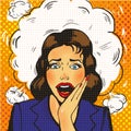 surprised pop art woman with wide open eyes and mouth and rising hands screaming. Royalty Free Stock Photo