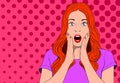 Sexy surprised redhead girl in dress on striped pink background. Colorful vector illustration of woman. Pop art style.