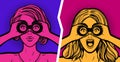 Sexy surprised woman looking through binoculars. Vector illustration in pop art retro comic style Royalty Free Stock Photo