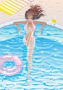 tanned brunette glamor girl in a swimming pool