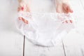 transparent panties on white background in female hands