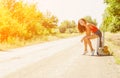 traveler woman on the road Royalty Free Stock Photo