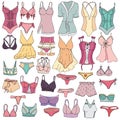 Sexy underwear for woman - bra, underpants, set, peignoir, colors vector set of elements in doodle style