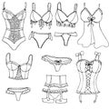 Sexy underwear for woman - negligee, peignoir, corset, briefs, bra, vector set of elements in doodle style