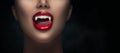 Sexy Vampire Woman`s red bloody lips close-up. Vampire girl licking fangs with tongue. Fashion Glamour Halloween art design Royalty Free Stock Photo