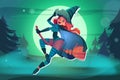 Sexy witch flying on broom, full moon background Royalty Free Stock Photo